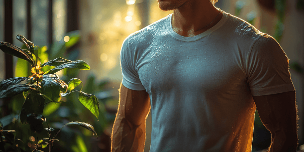 Un homme transpire beaucoup dans son tee-shirt