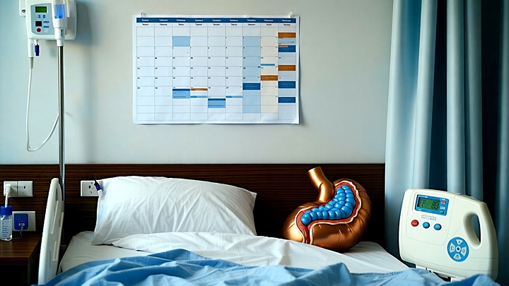 Lit d'hôpital avec calendrier mural montrant une semaine, modèle de vésicule biliaire sur la table de chevet, éclairage na...