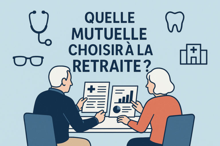 Choisir mutuelle retraite illustration d un couple senior comparant des documents de sante