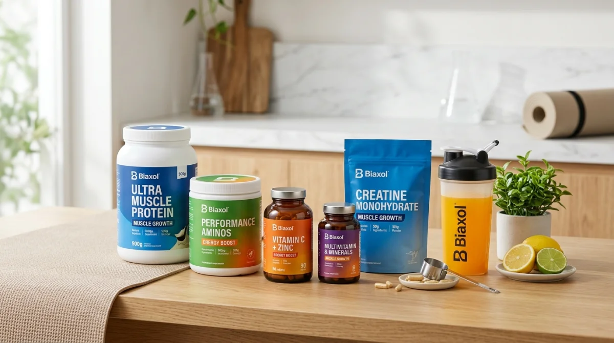 Biaxol avis : sélection de compléments sportifs et vitamines sur fond épuré