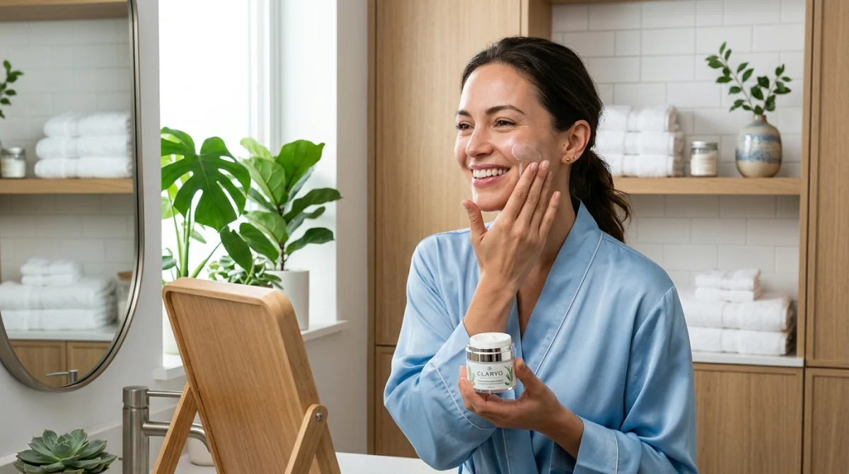 Femme souriante appliquant un produit Claryo, avis positif sur la routine beauté.