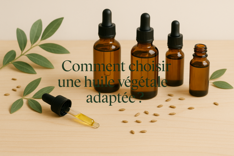 flacons d huiles sur table bois illustrant comment choisir une huile vegetale adaptee