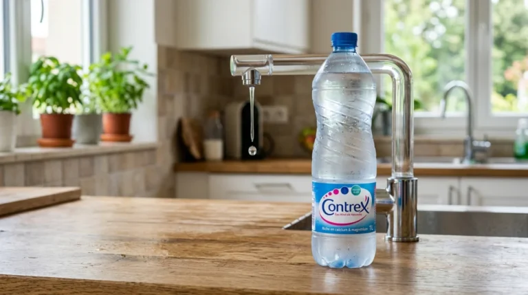 Bouteille d'eau Contrex fraîche avec goutte tombant d'un robinet dans une cuisine moderne.