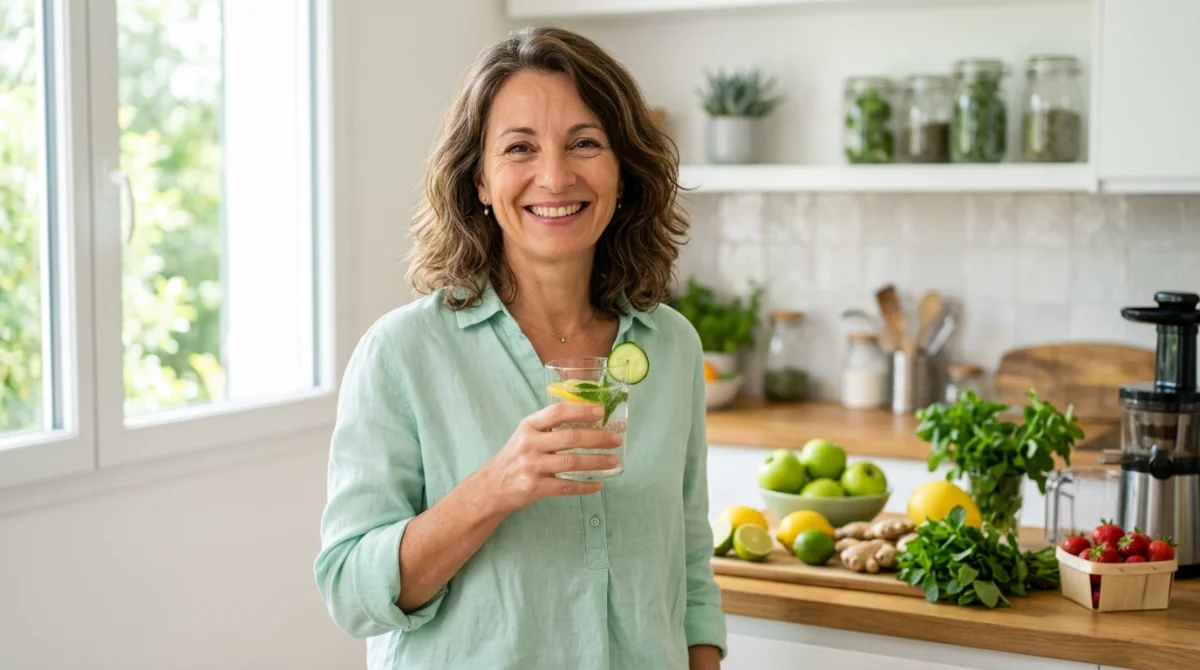 Femme souriante tenant un verre de cure détox Dawtox dans une cuisine lumineuse.