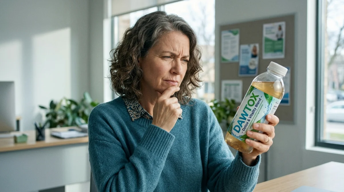 Personne sceptique examinant une bouteille de Dawtox, avis sur la cure détox.