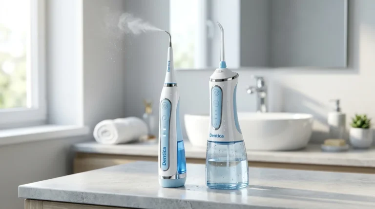 Détartreur et hydropulseur Dentica sur un plan de travail de salle de bain moderne.