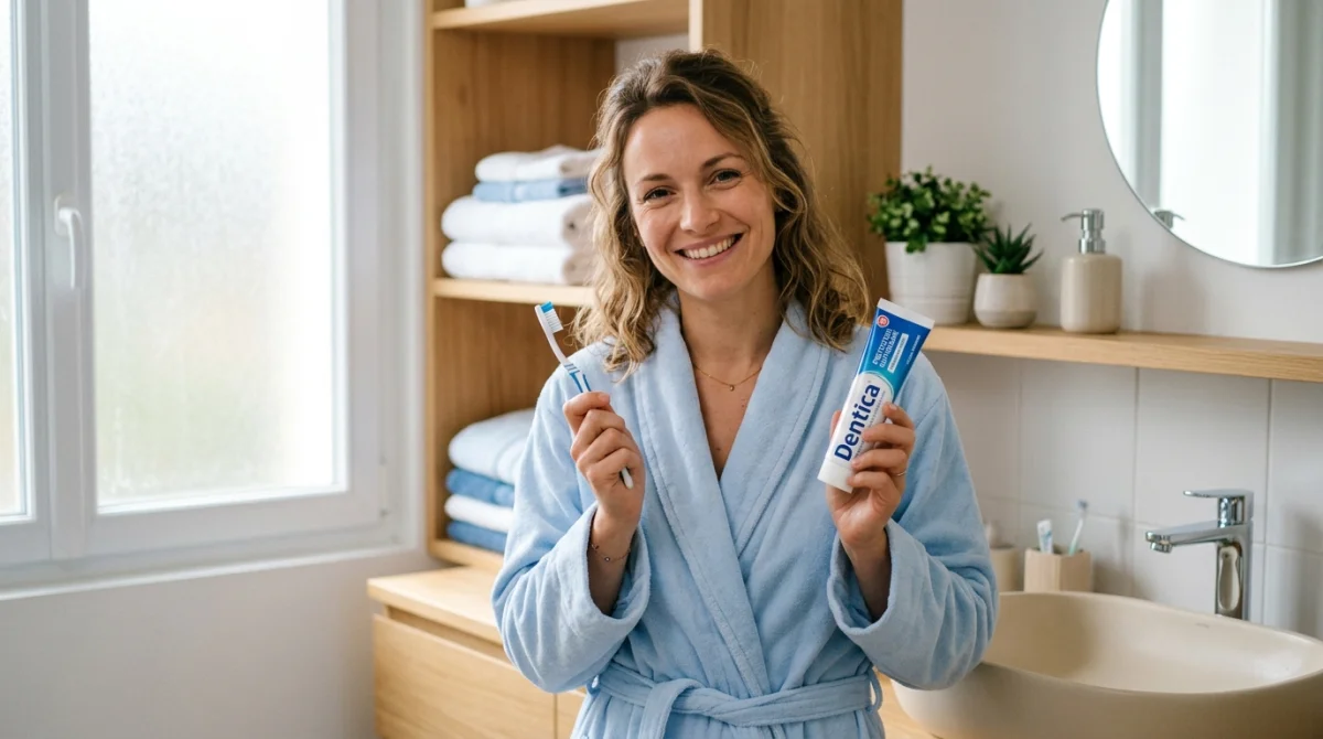 Femme souriante avec brosse à dents et dentifrice Dentica, avis positifs sur la boutique en ligne.