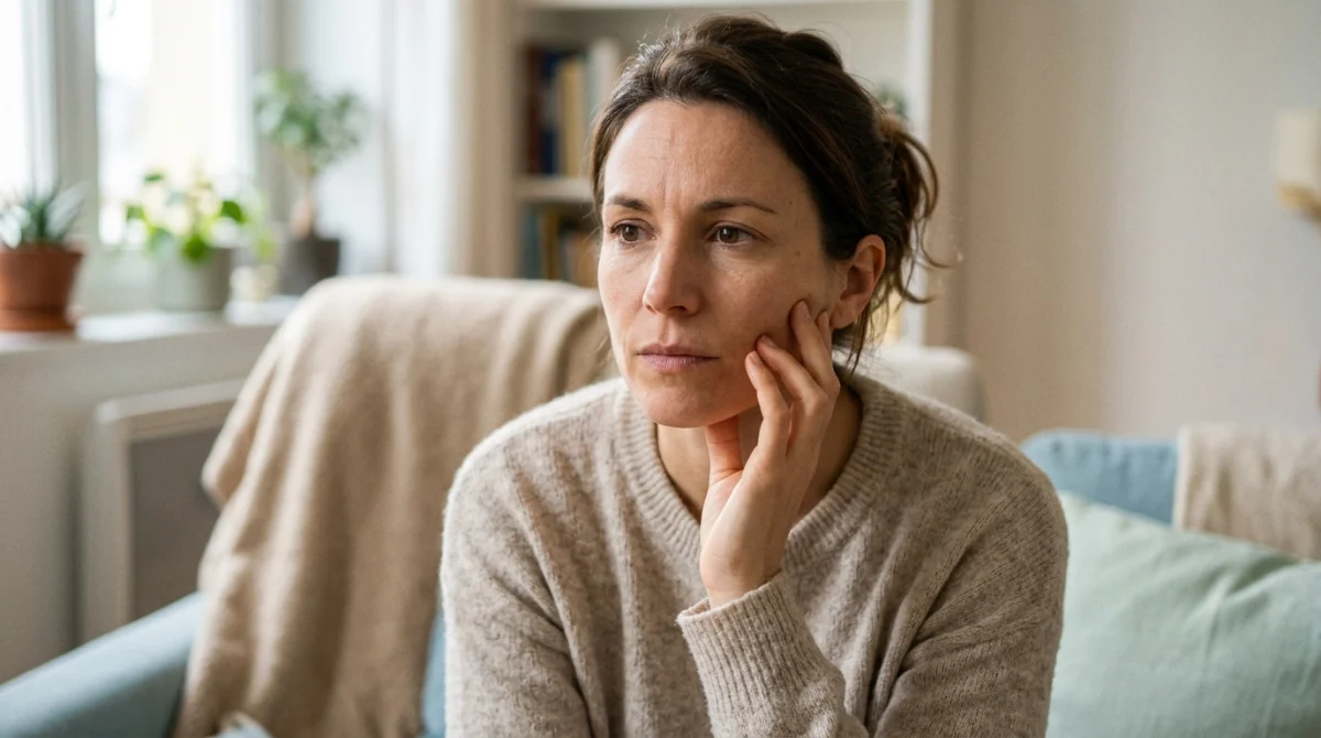 Femme stressée se tenant la mâchoire, signe de douleurs liées au stress.