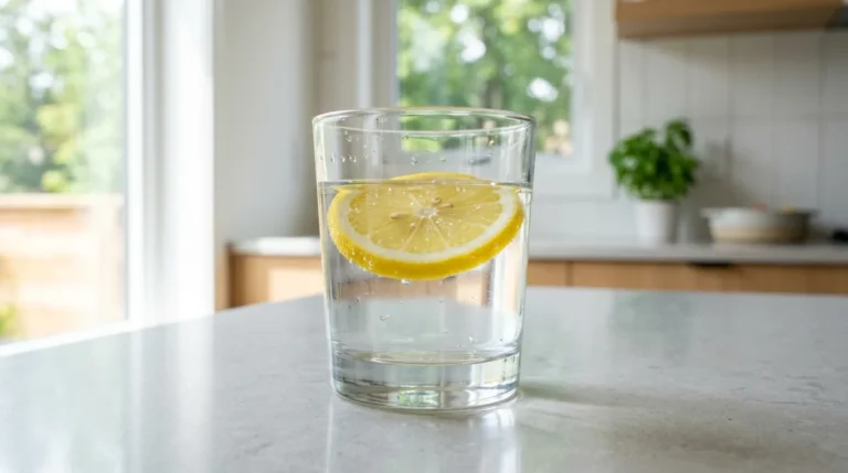 Verre d'eau fraîche avec tranche de citron, idéal pour une boisson santé et minceur.