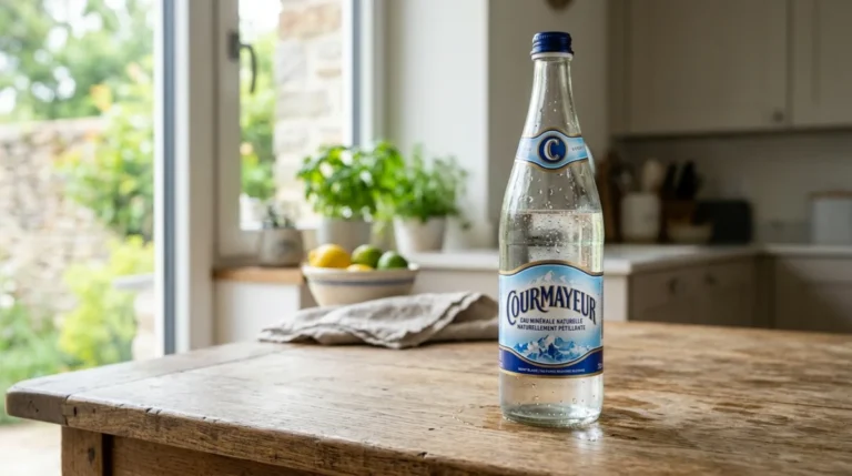 Bouteille d'eau Courmayeur sur table en bois, cuisine lumineuse, pureté et fraîcheur.