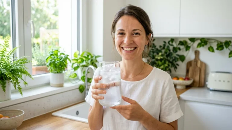Femme souriante tenant un grand verre d'eau fraîche dans une cuisine moderne et lumineuse.