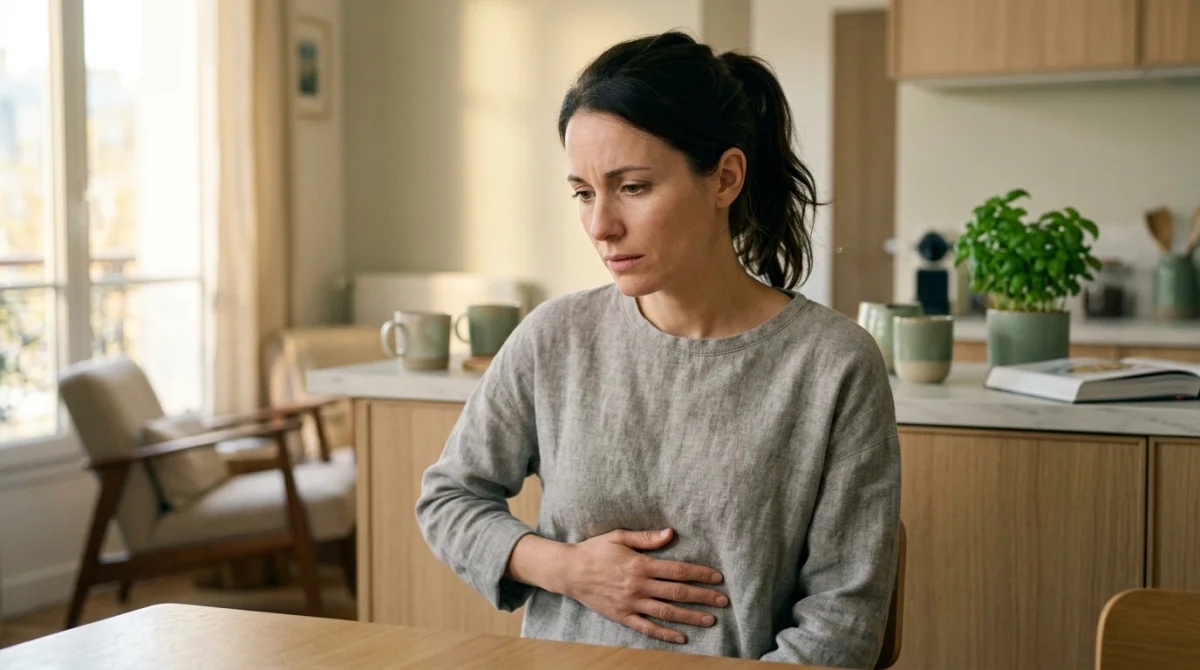 Femme ressentant une douleur discrète à la vésicule biliaire, liée au stress