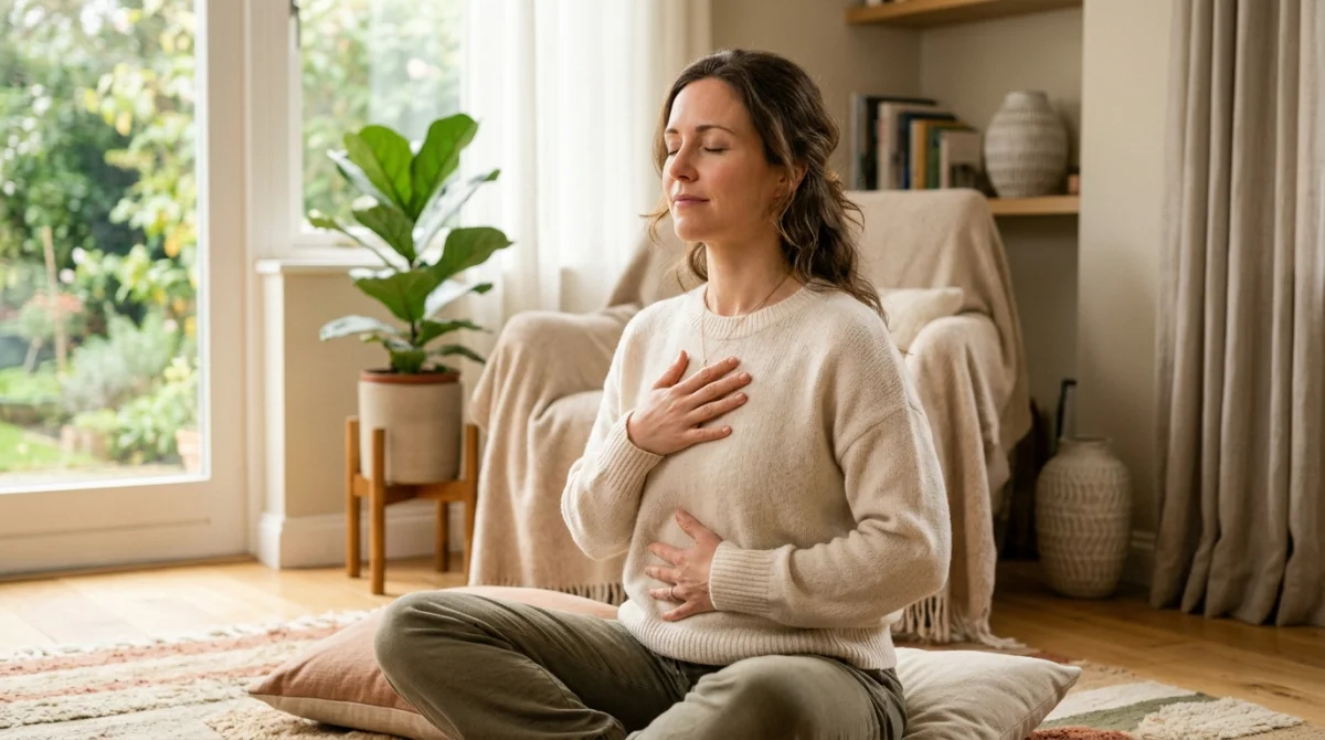 Femme respirant profondément pour soulager la douleur au diaphragme liée au stress.