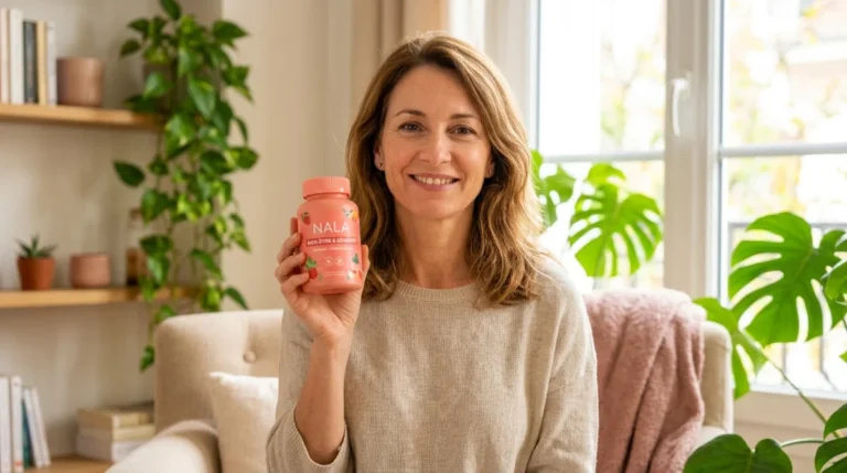 Femme souriante tenant des gummies Nala pour elle, symbole de bien-être ménopause.