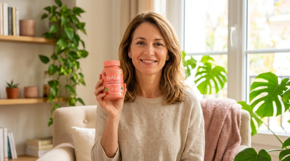 Femme souriante tenant des gummies Nala pour elle, symbole de bien-être ménopause.