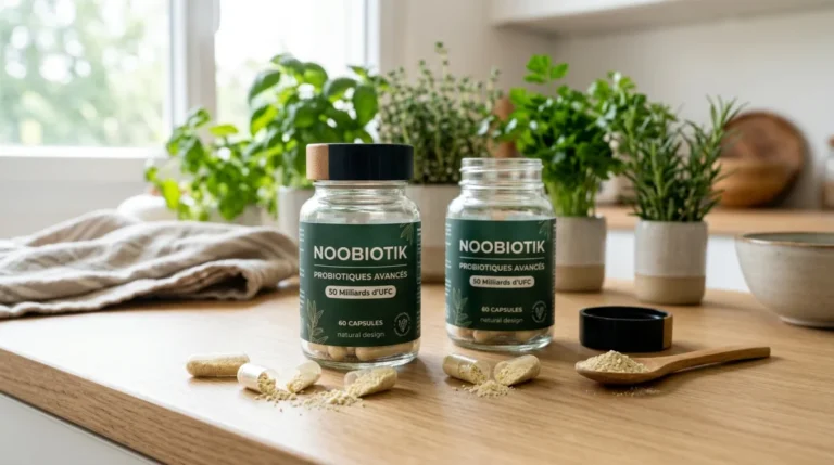 Bouteilles de probiotiques Noobiotik et capsules ouvertes, micro-organismes visibles sur un comptoir de cuisine sain.