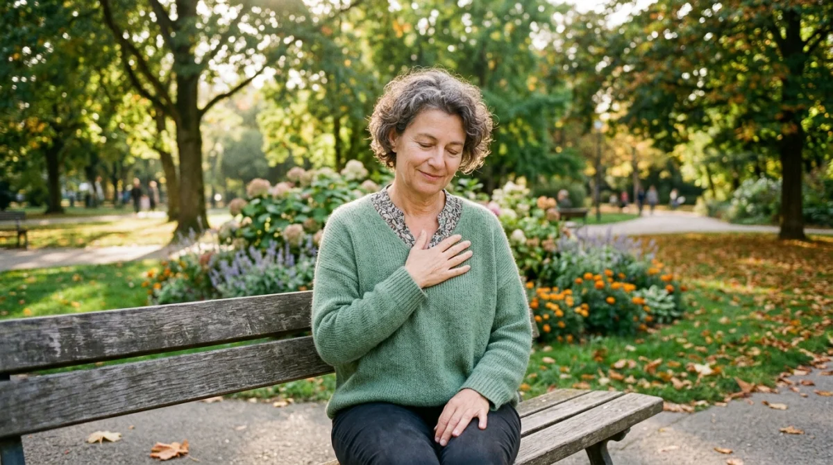 Femme fatiguée mais sereine dans un parc, symbolisant le lien entre sarcoïdose et stress.