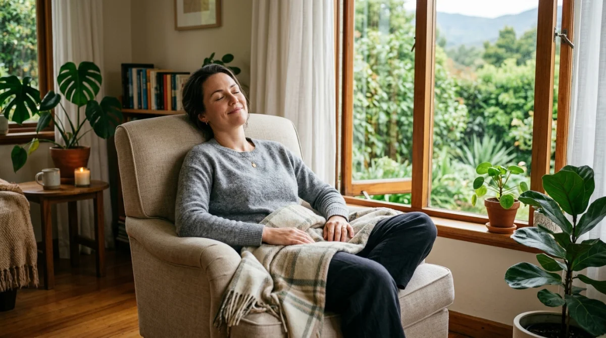 Femme apaisée souriant dans un salon lumineux, illustrant le soulagement du stress et des douleurs neuropathiques.