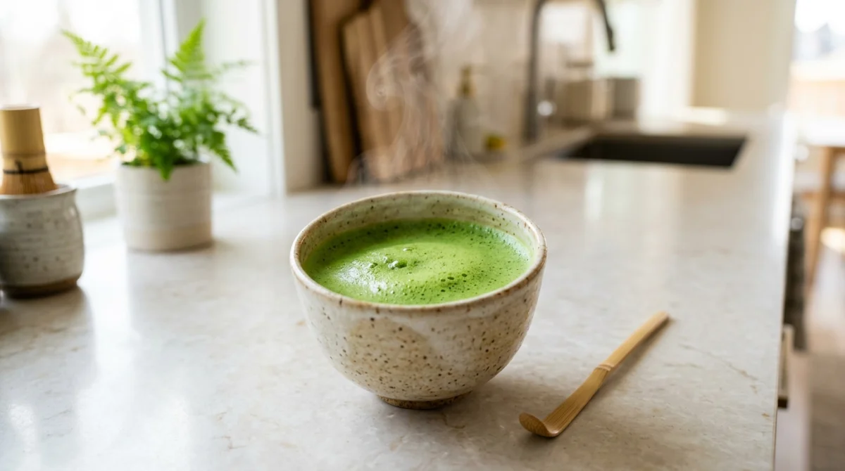 Tasse de thé matcha vert vif et mousseux sur un plan de travail de cuisine lumineux.