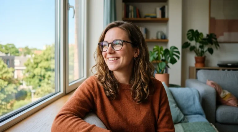 Personne souriante portant des lunettes progressives, regardant l'avenir avec confiance.