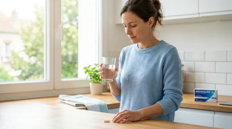 Personne buvant de l'eau à côté d'un antibiotique : peut-on boire de l'alcool sous antibiotique.
