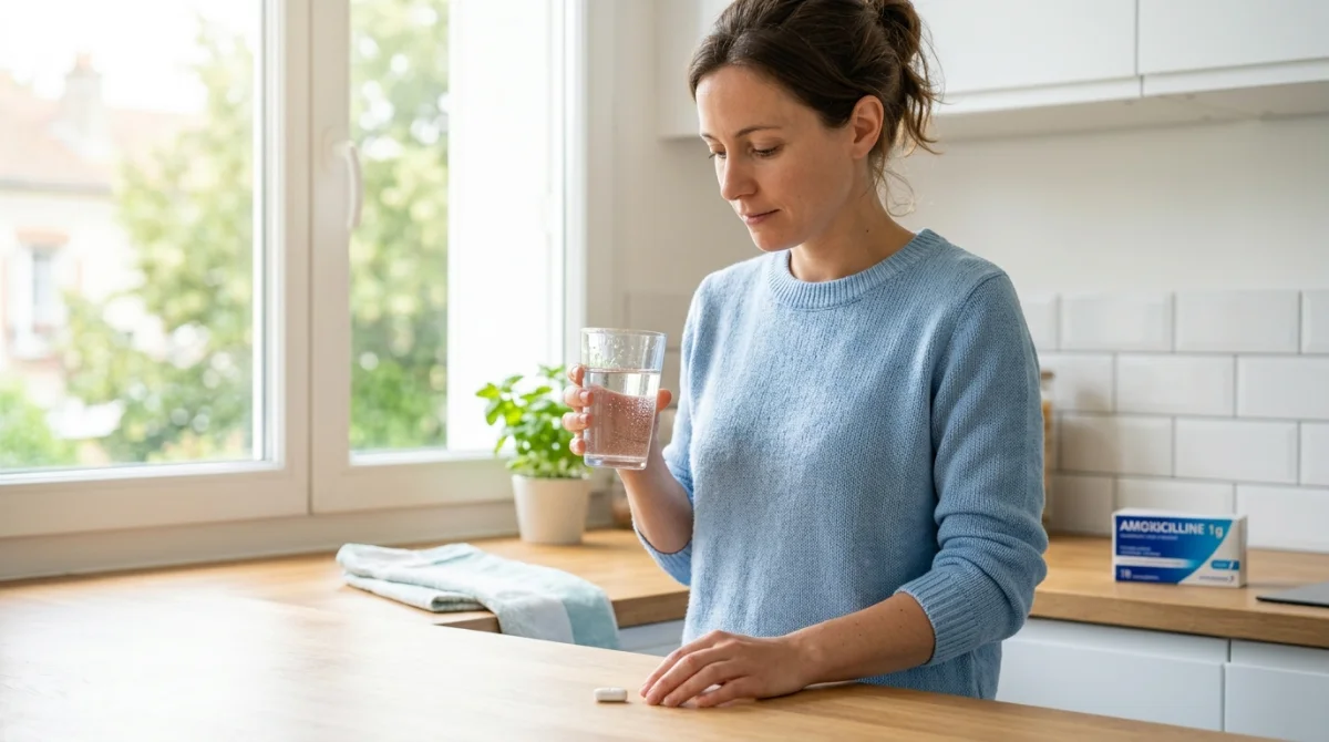 Personne buvant de l'eau à côté d'un antibiotique : peut-on boire de l'alcool sous antibiotique.