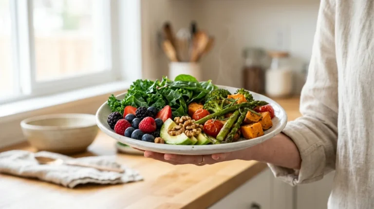 Main tenant une assiette d'aliments sains pour l'arthrose : légumes verts, baies.