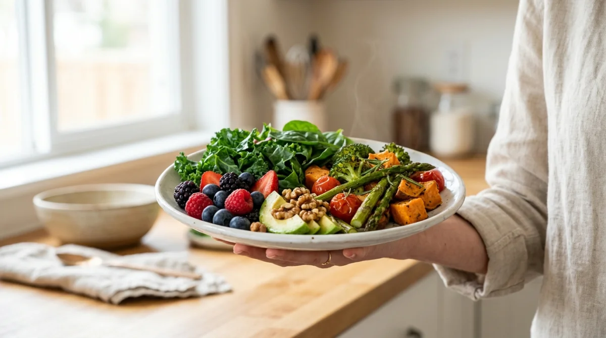 Main tenant une assiette d'aliments sains pour l'arthrose : légumes verts, baies.