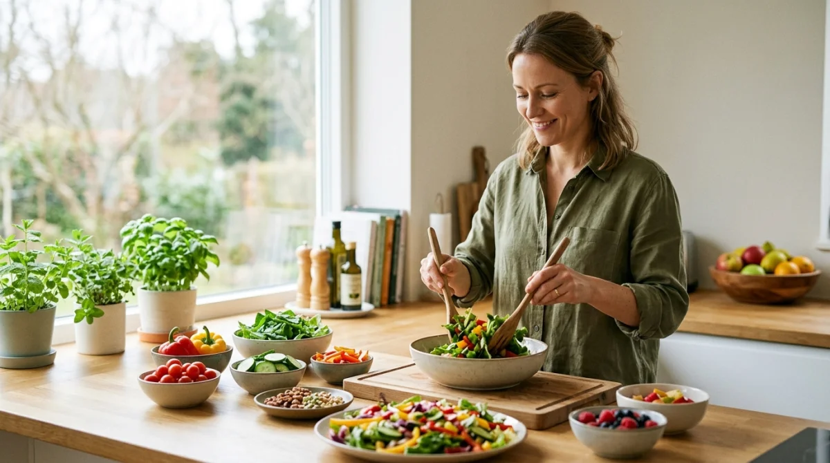 Personne préparant une salade fraîche, symbole d'une alimentation maîtrisée pour éviter la goutte.
