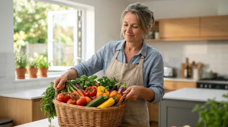 Personne paisible choisissant des légumes frais pour une alimentation saine en cas de spondylarthrite.