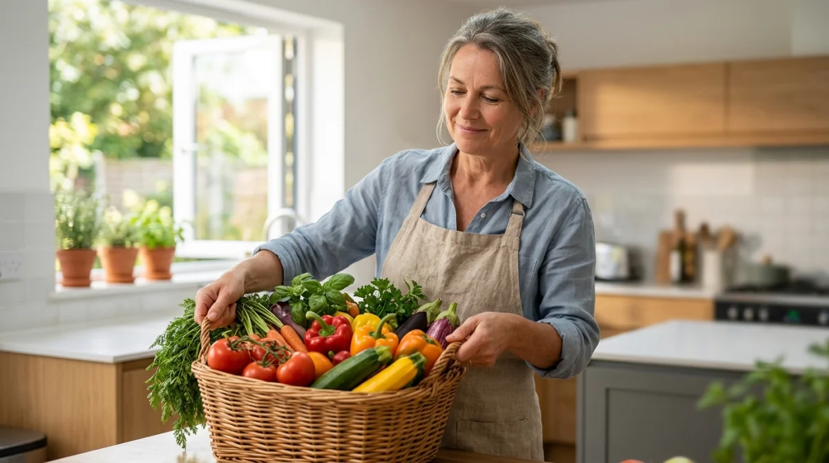 Personne paisible choisissant des légumes frais pour une alimentation saine en cas de spondylarthrite.