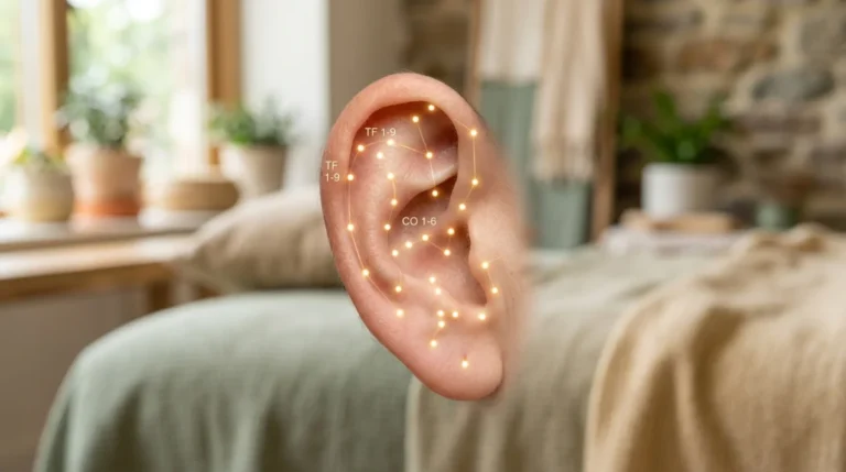 Oreille humaine stylisée avec points d'acupuncture lumineux pour l'auriculothérapie minceur.