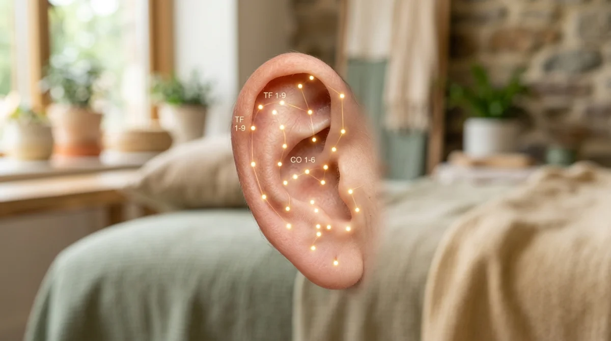 Oreille humaine stylisée avec points d'acupuncture lumineux pour l'auriculothérapie minceur.