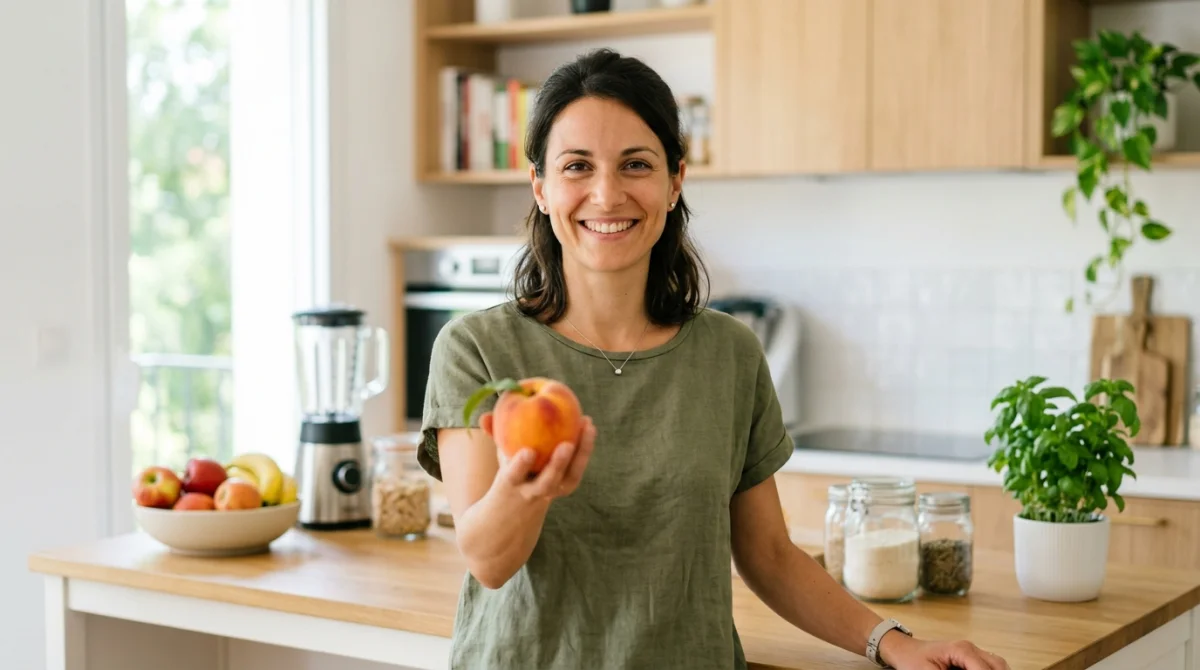 Femme souriante en forme tenant un fruit frais, symbole de perte de poids saine.