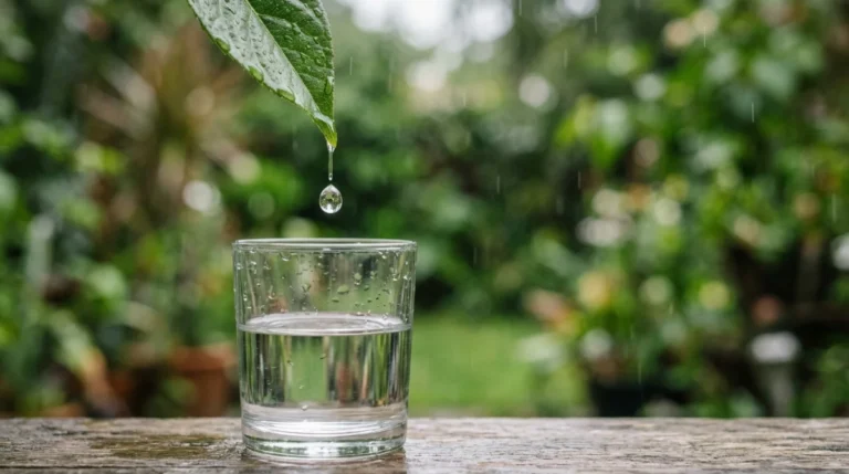 Goutte d'eau de pluie tombant dans un verre, eau potable, jardin verdoyant