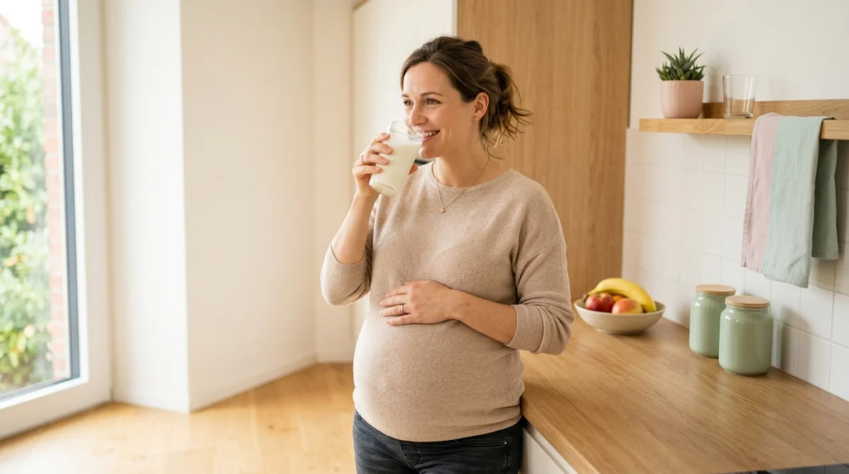 Femme enceinte souriante buvant un verre de lait dans une cuisine moderne et lumineuse.