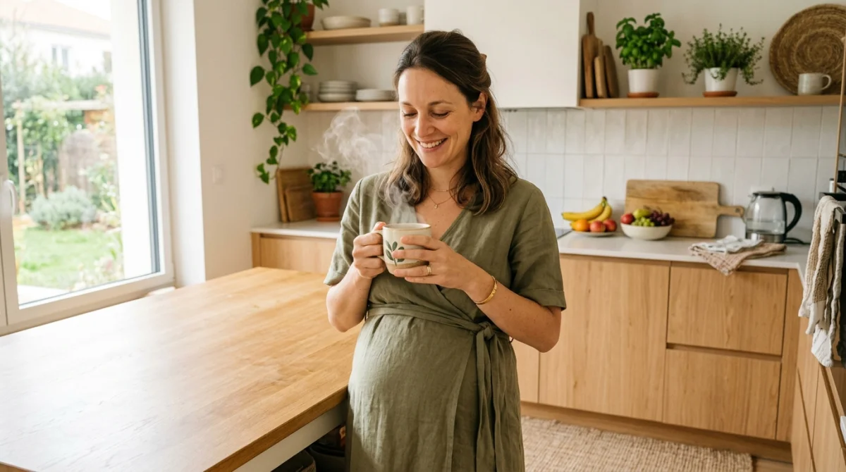 Femme enceinte souriante buvant une tisane fumante dans une cuisine moderne et lumineuse.