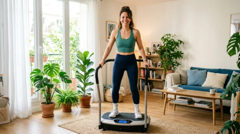 Femme souriante utilisant une plateforme vibrante pour maigrir dans un salon moderne et lumineux.