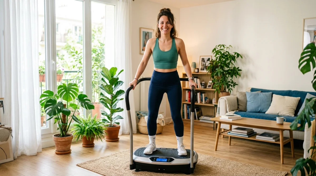 Femme souriante utilisant une plateforme vibrante pour maigrir dans un salon moderne et lumineux.