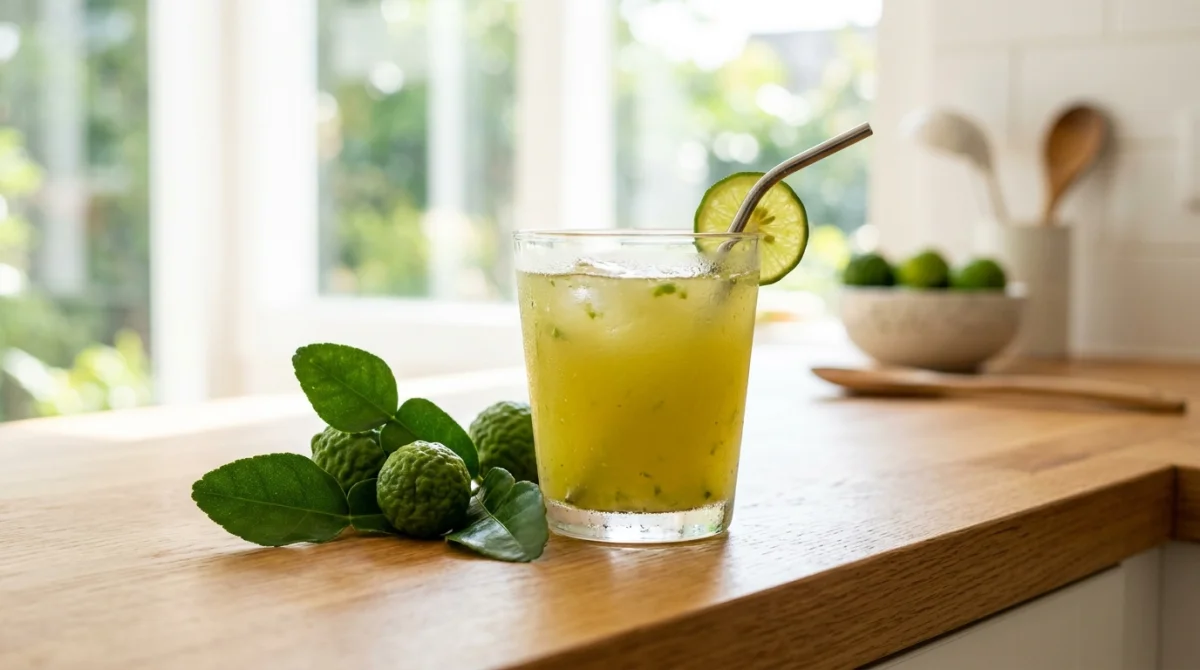 Verre de jus de combava frais avec feuilles vertes sur comptoir de cuisine lumineux.
