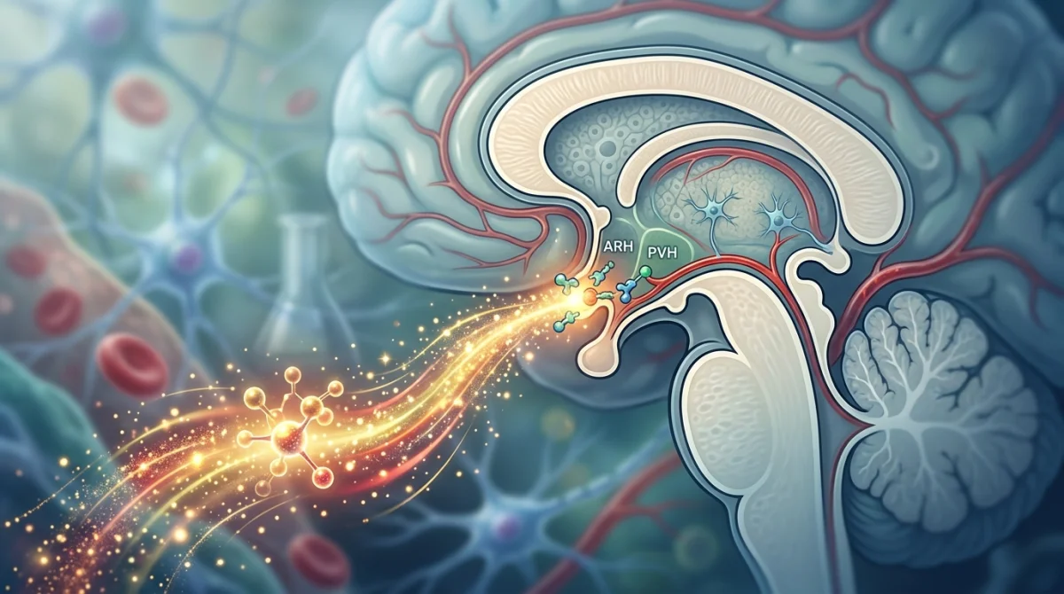 Illustration scientifique : la leptine interagit avec le cerveau pour réguler l'appétit.