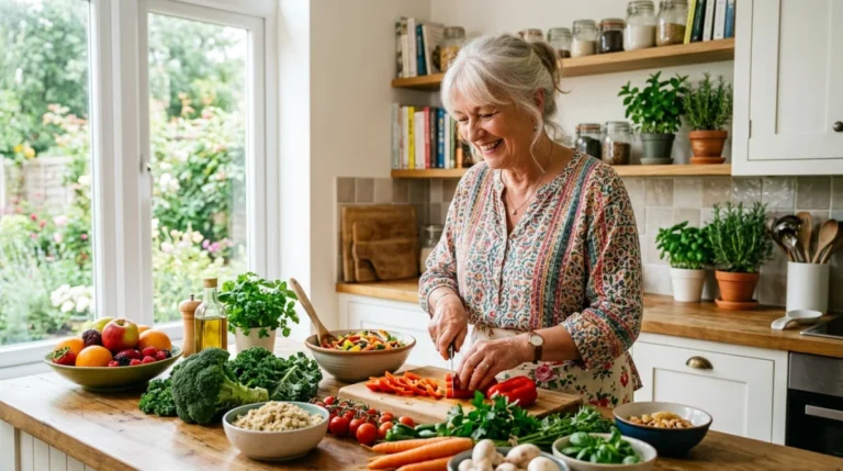 Femme âgée souriante préparant un repas sain et équilibré pour maigrir à 70 ans.