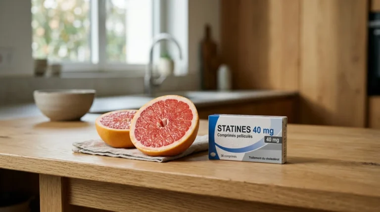 Pamplemousse frais coupé en deux à côté d'une boîte de médicaments pour statines sur une table de cuisine.