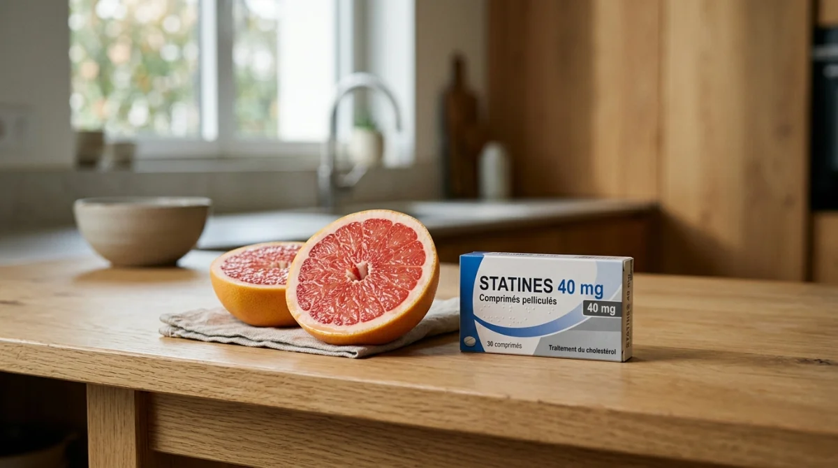 Pamplemousse frais coupé en deux à côté d'une boîte de médicaments pour statines sur une table de cuisine.
