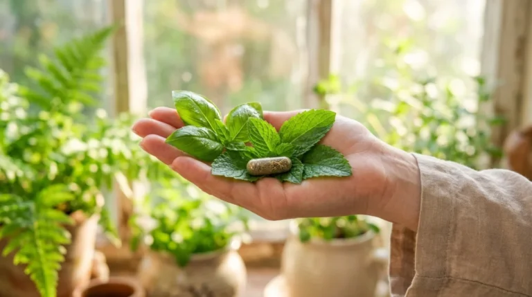 Plantes médicinales pour maigrir : feuilles vertes et gélule d'herbes séchées
