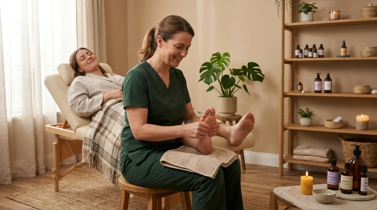 Réflexologue massant les pieds d'une cliente pour favoriser la perte de poids.