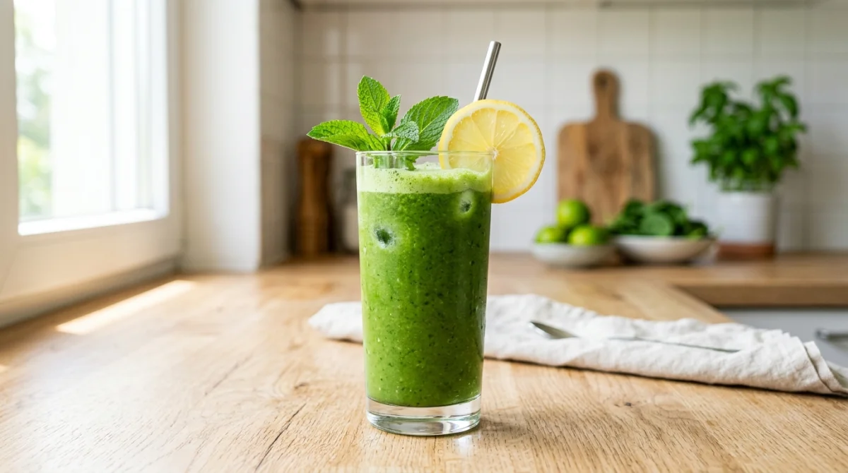 Smoothie vert détox pour maigrir du ventre, garni de menthe et citron, cuisine lumineuse