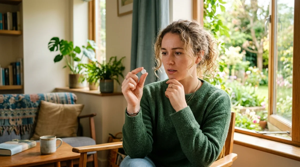 Personne réfléchit à une alternative aux statines, comprimé à la main, salon lumineux.