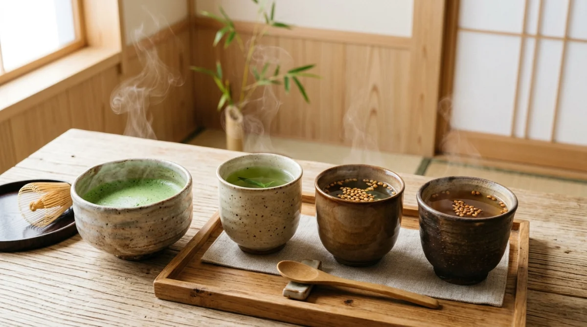 Composition de tasses de thé japonais fumantes : matcha, sencha, genmaicha, sobacha.