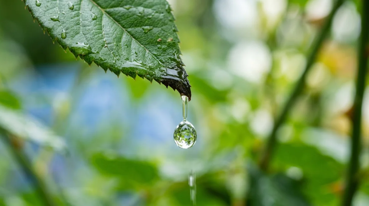 Goutte d'eau de pluie pure tombant d'une feuille verte, évoquant la question : peut-on boire l'eau de pluie ?
